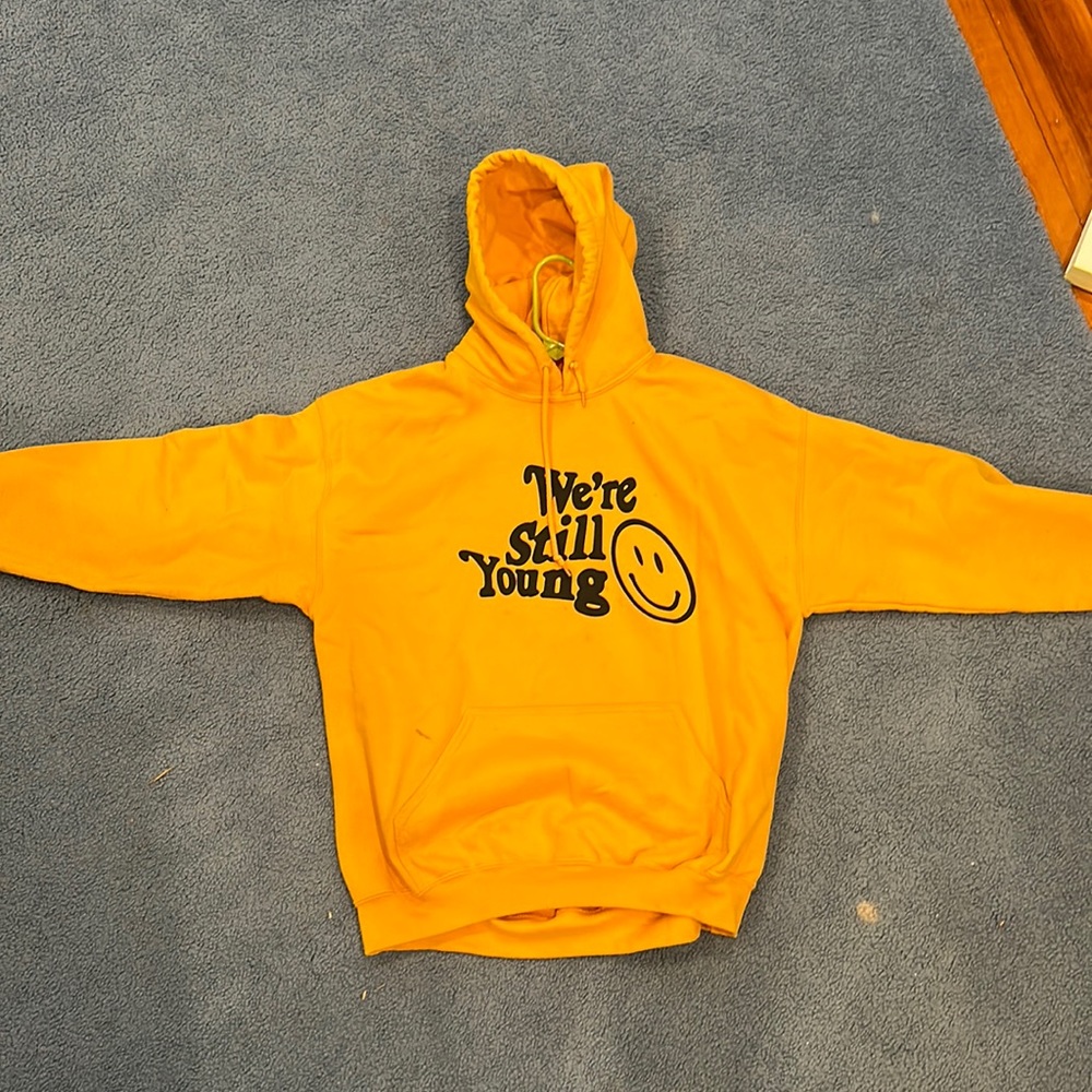 Mustard yellow, large, “we’re still young” sweatshirt